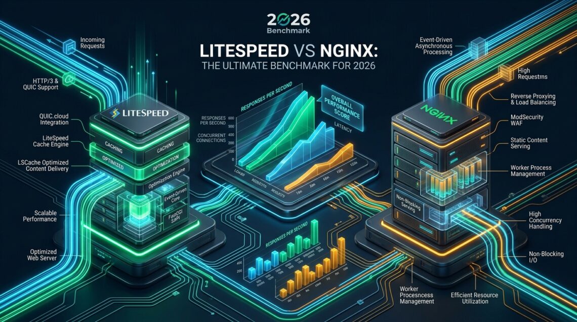 3D Technical Architecture Infographic comparing LiteSpeed and NGINX Web Servers in 2026