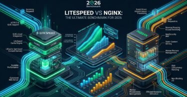 3D Technical Architecture Infographic comparing LiteSpeed and NGINX Web Servers in 2026