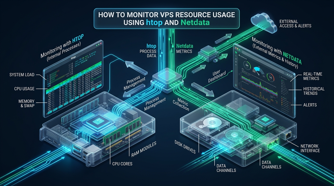 How to Monitor VPS Resource Usage Using htop and Netdata - monitor VPS resources